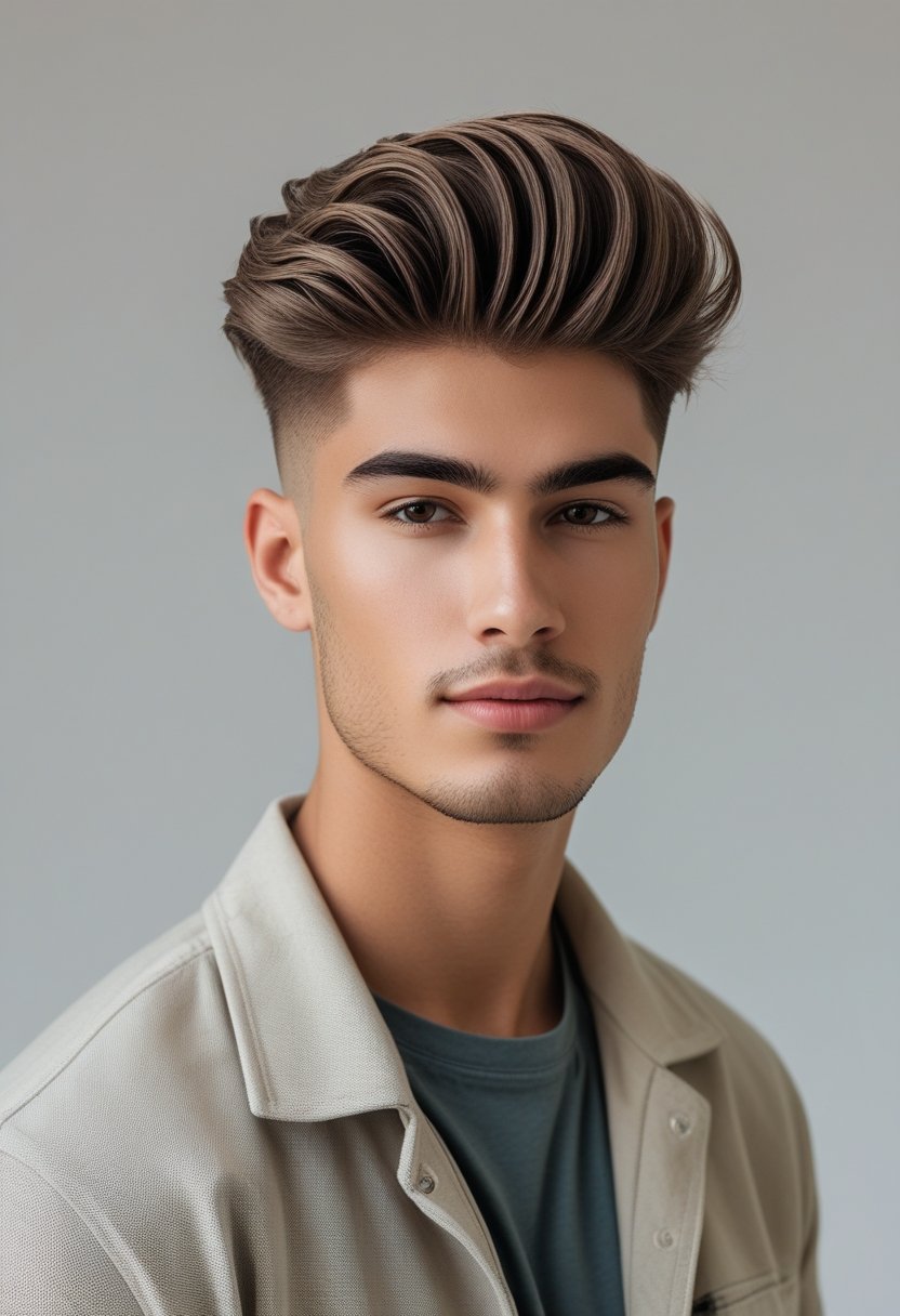 A young man with a neatly styled textured quiff hairstyle posing in a studio with a neutral background.