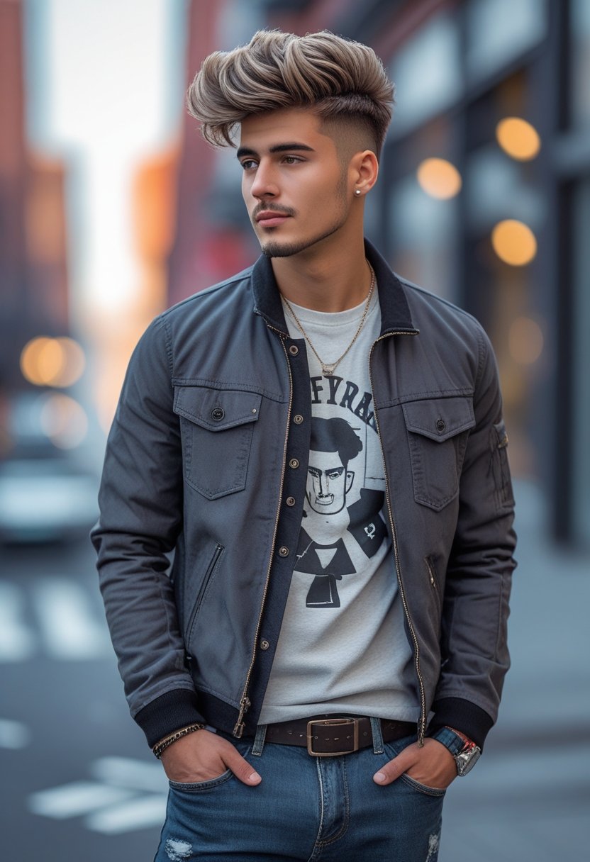 A young man standing on a city street wearing casual layered clothing and a textured hairstyle, looking confident and relaxed.