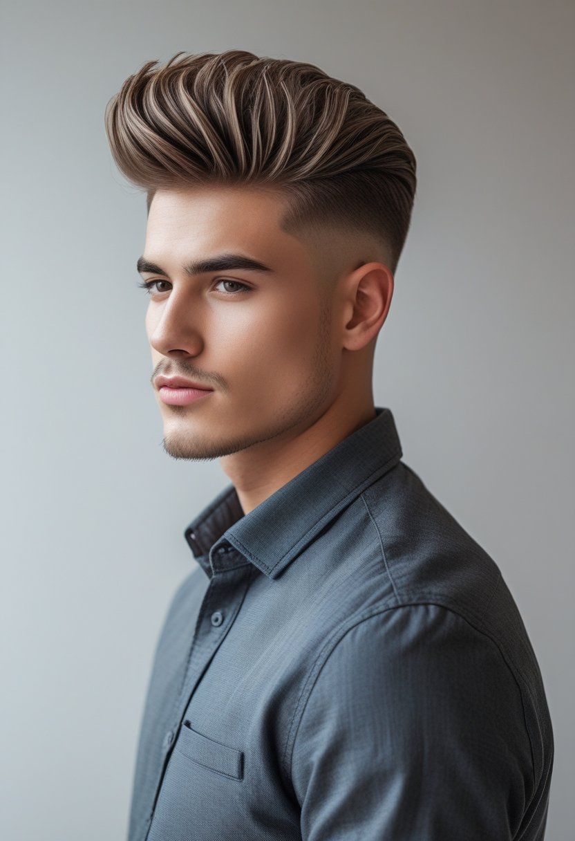 A young man with a neatly styled textured quiff hairstyle, wearing a smart casual outfit, standing against a plain background.