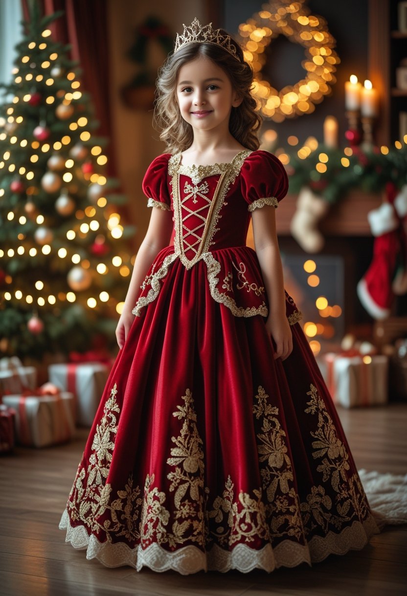 A young girl in a red and gold Christmas dress standing in a decorated room with a Christmas tree.