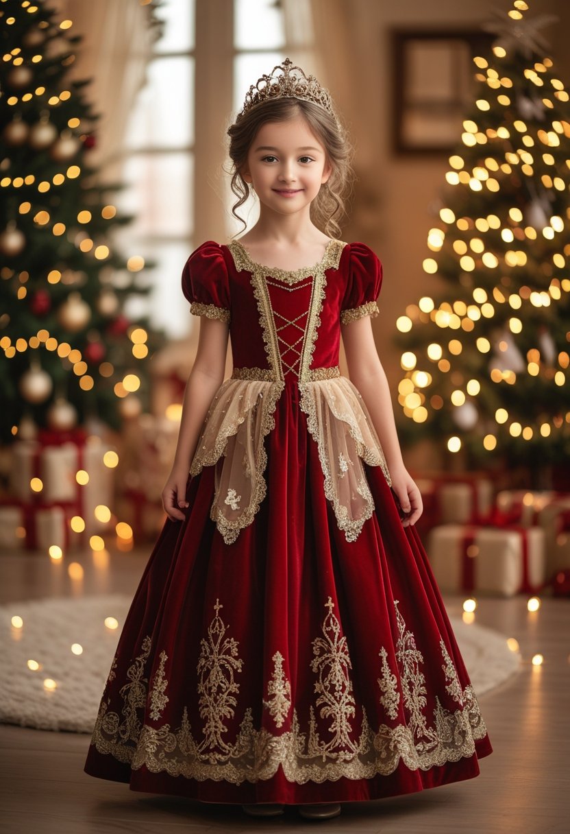 A young girl wearing a red and gold Christmas dress standing in a festive room with a decorated Christmas tree and wrapped presents.