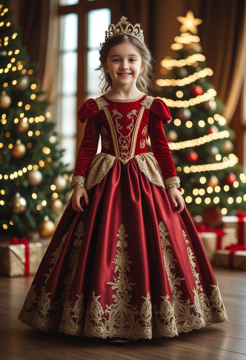 A young girl in a luxurious Christmas princess dress standing in a festive room decorated for the holidays with a Christmas tree and lights.
