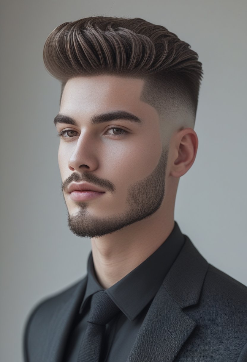 A young man with a textured quiff hairstyle and clean skin fade, wearing a modern outfit, standing against a neutral background.