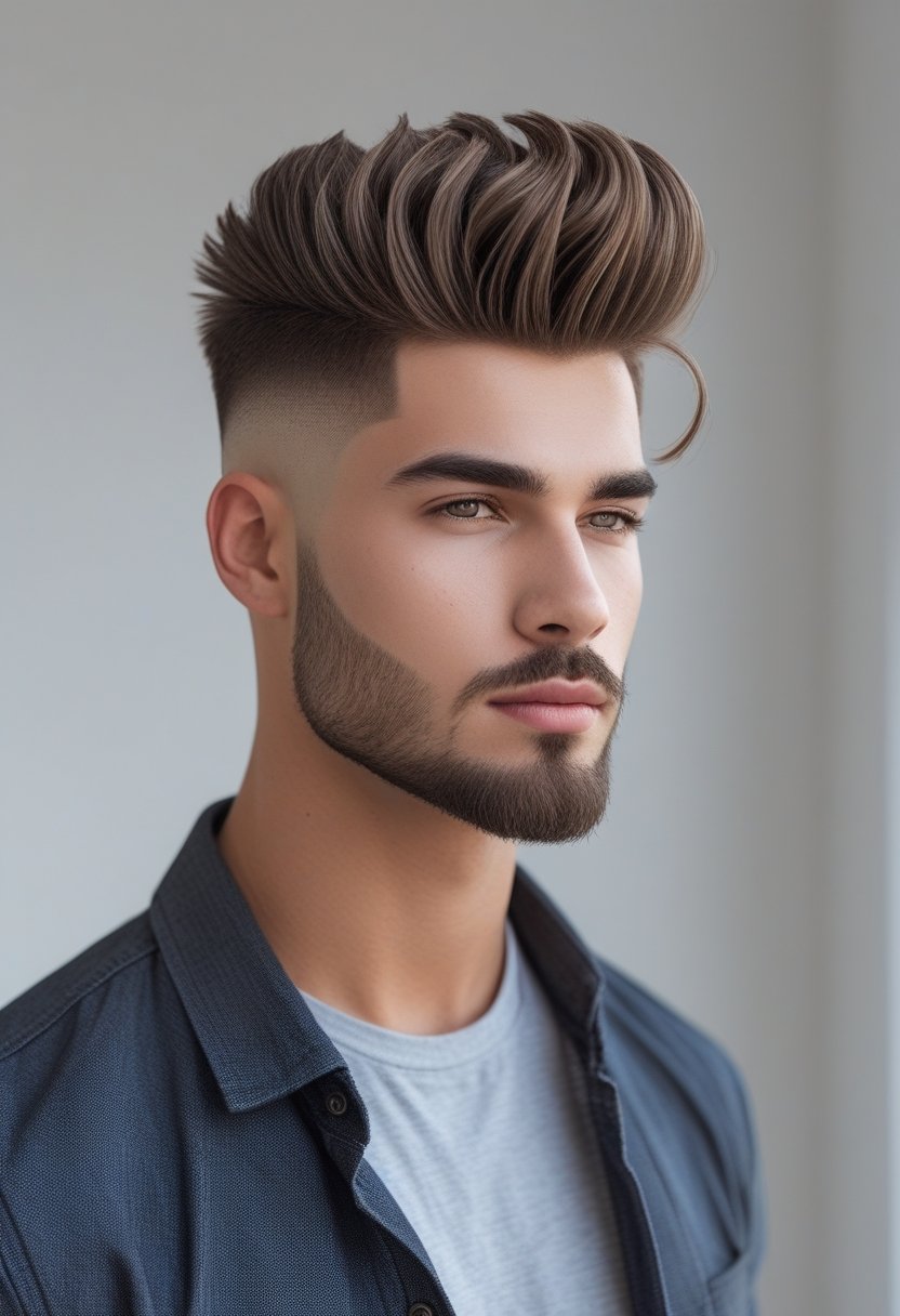 A young man with a textured quiff hairstyle and clean skin fade, looking confidently at the camera against a plain background.