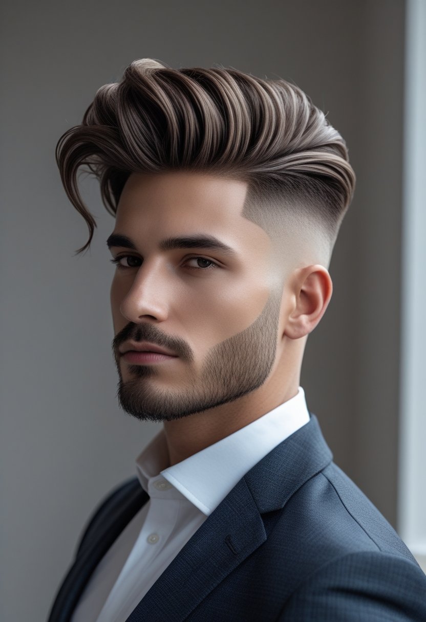 A man with a textured quiff hairstyle and clean skin fade, wearing a tailored outfit, standing against a plain background.