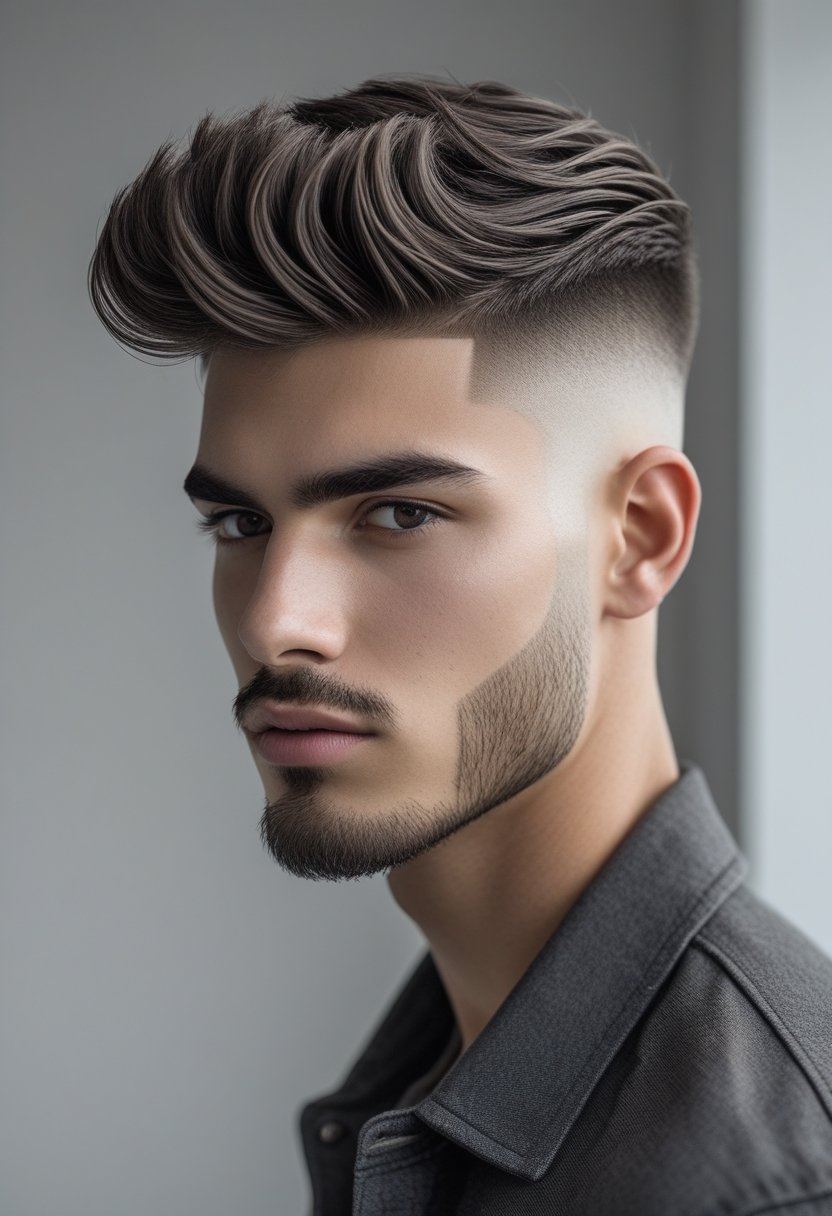 A young man with a textured quiff hairstyle and clean skin fade, standing against a neutral background.