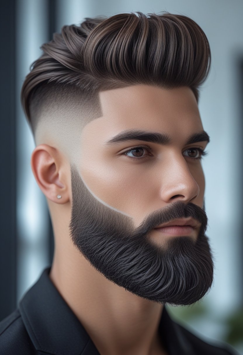 Close-up of a man with a styled quiff haircut and neatly trimmed beard, showing detailed grooming.