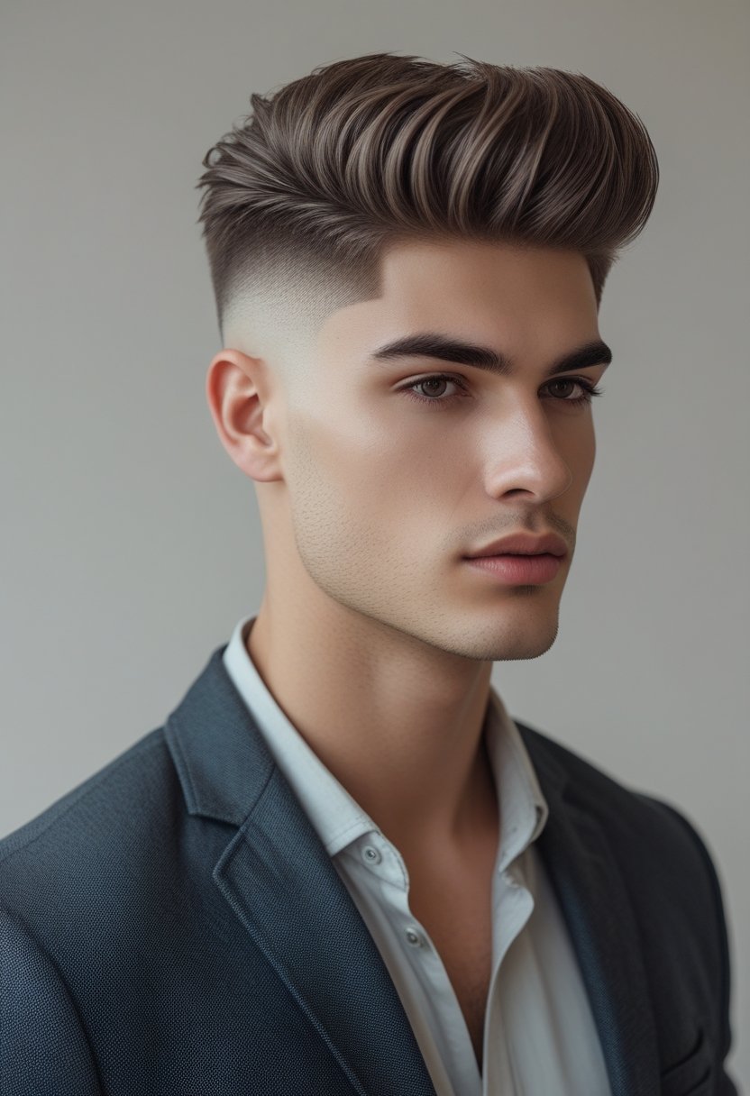 Young man with a textured quiff hairstyle and clean skin fade looking confidently at the camera.