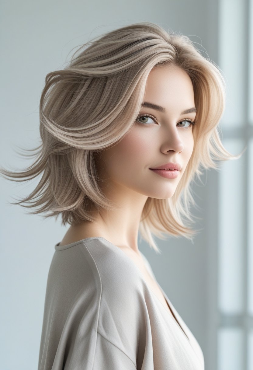 A young woman with layered hair looking slightly to the side in a bright studio setting.