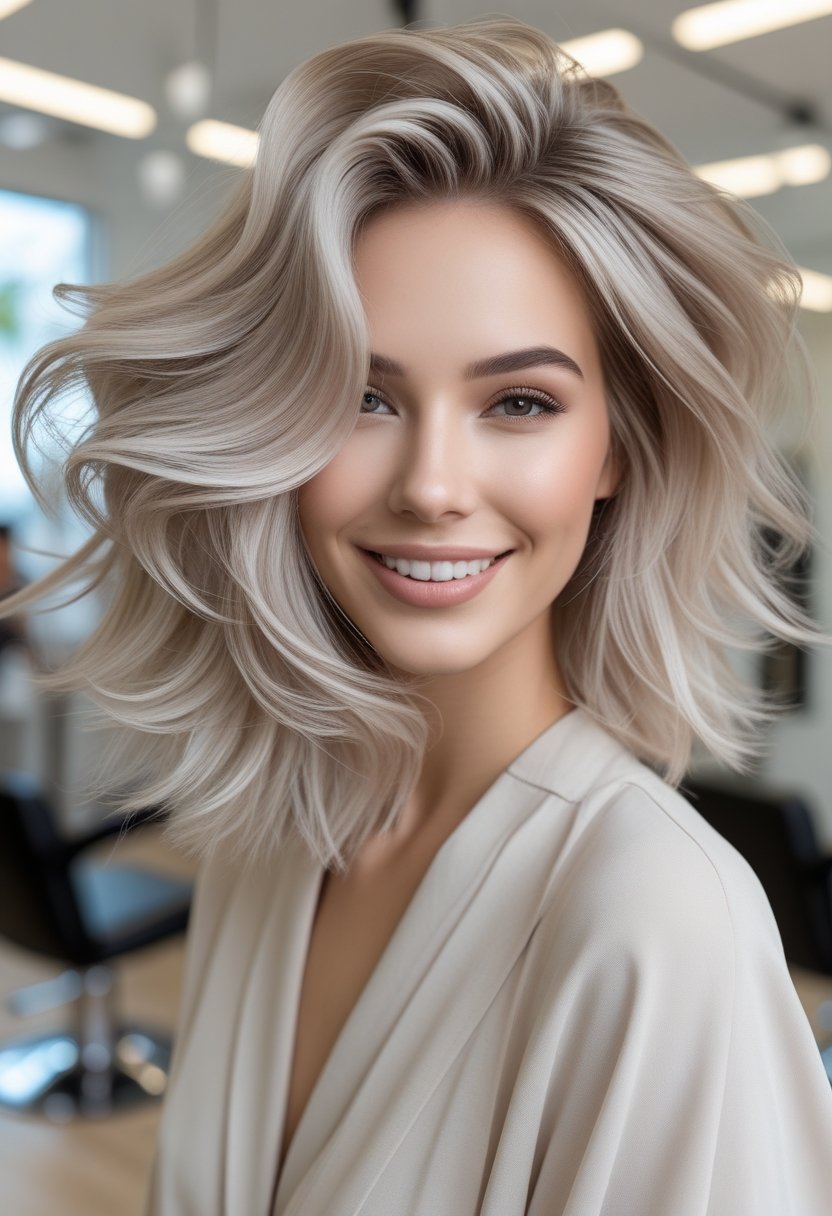 A young woman with layered hair smiling in a bright modern salon.
