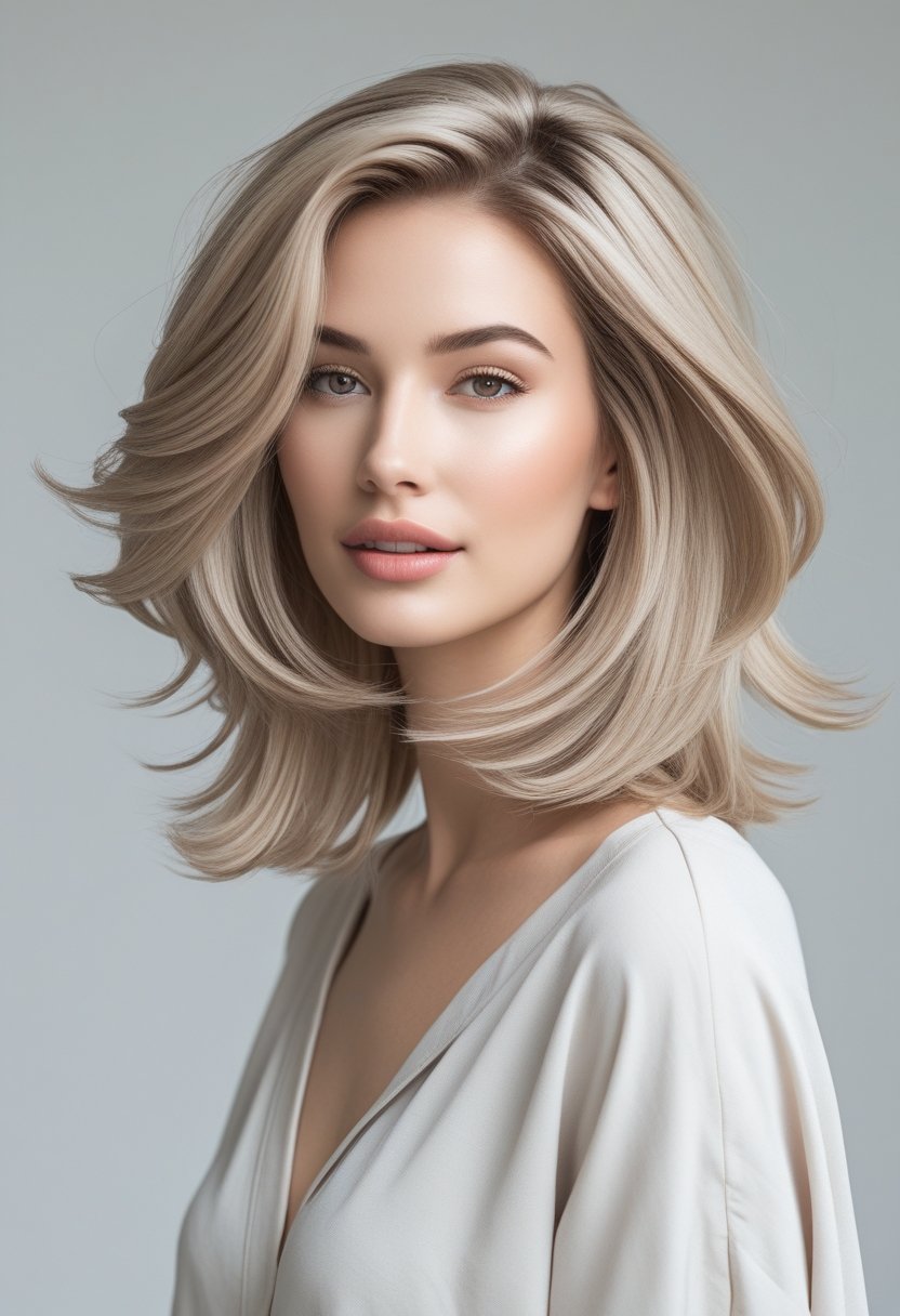 A young woman with layered hair posing in a studio with a neutral background.