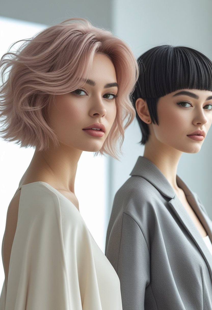 Two women standing side by side in a bright studio, each with different hairstyles, looking confident and relaxed.