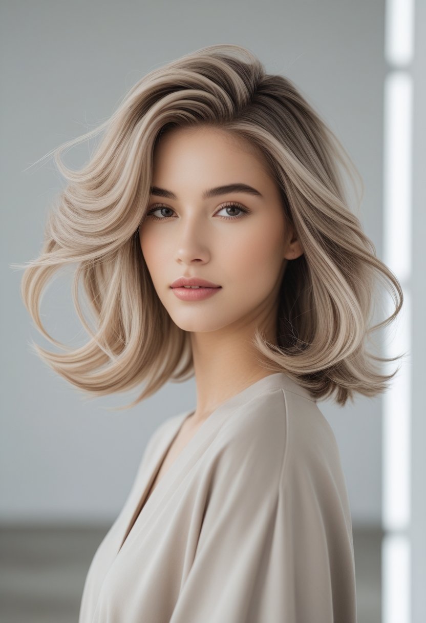 A young woman with layered hair posing in a bright studio with a neutral background.