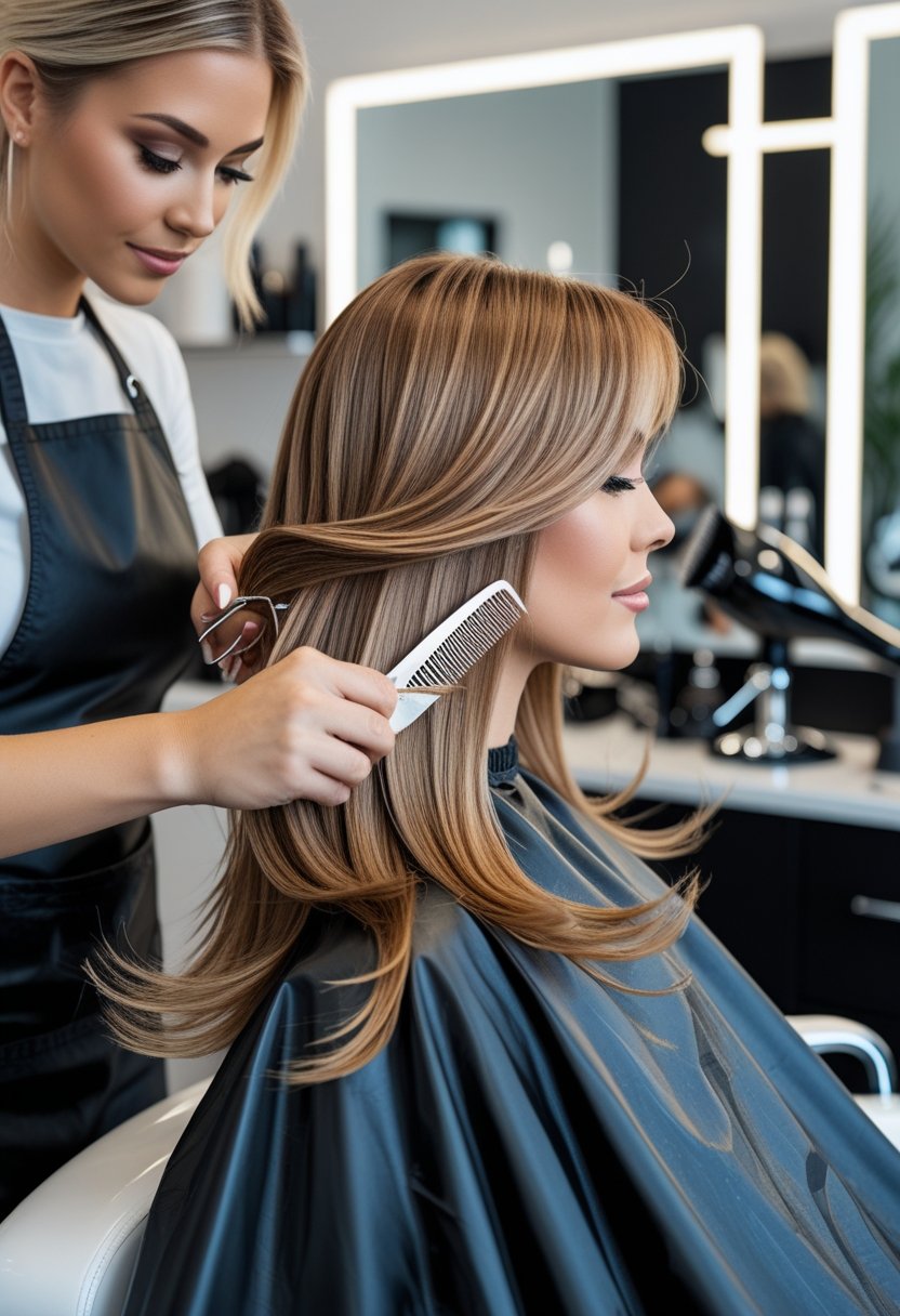 A hairstylist trimming a client's layered hair in a modern salon.