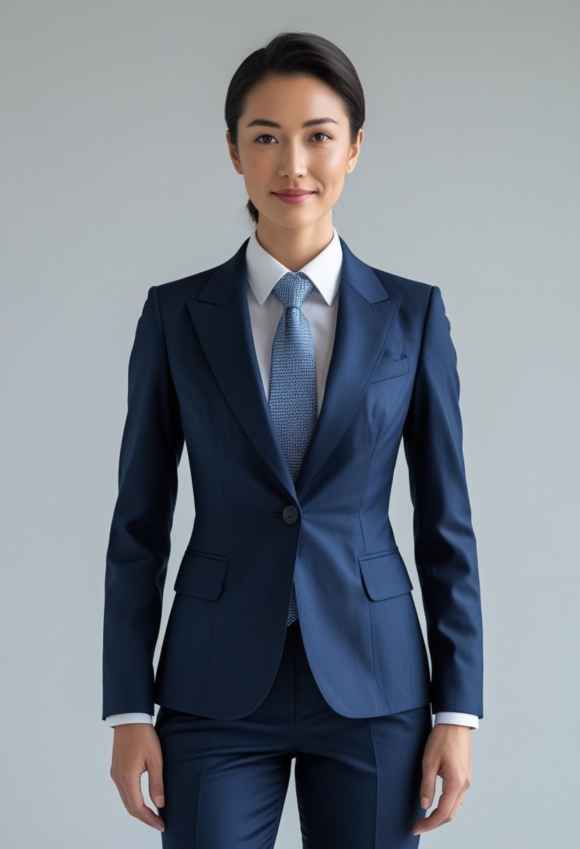 A person standing and wearing a navy blue suit with a white shirt and tie, looking confident.