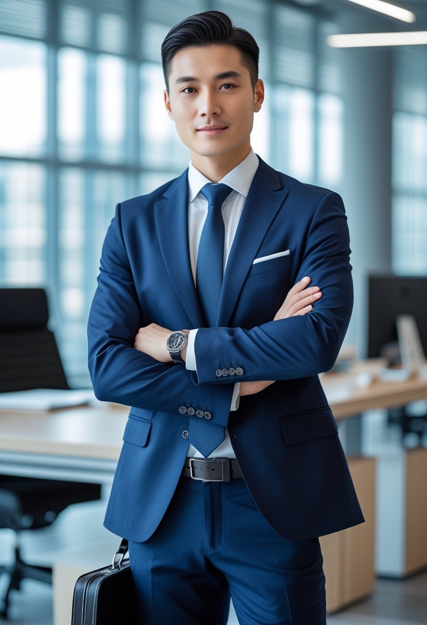 A person in a navy blue suit and tie standing confidently in a bright office with large windows.