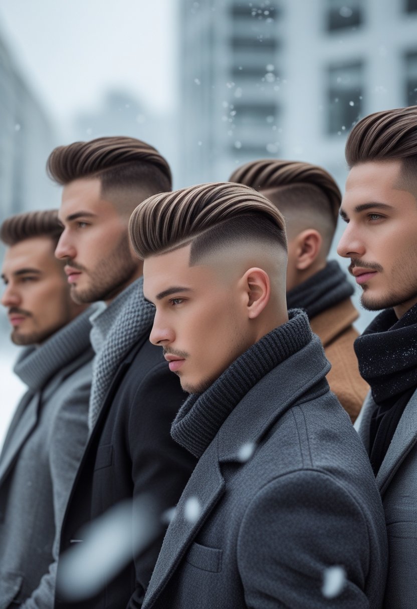 A group of men with various winter hairstyles standing outdoors in winter clothing.