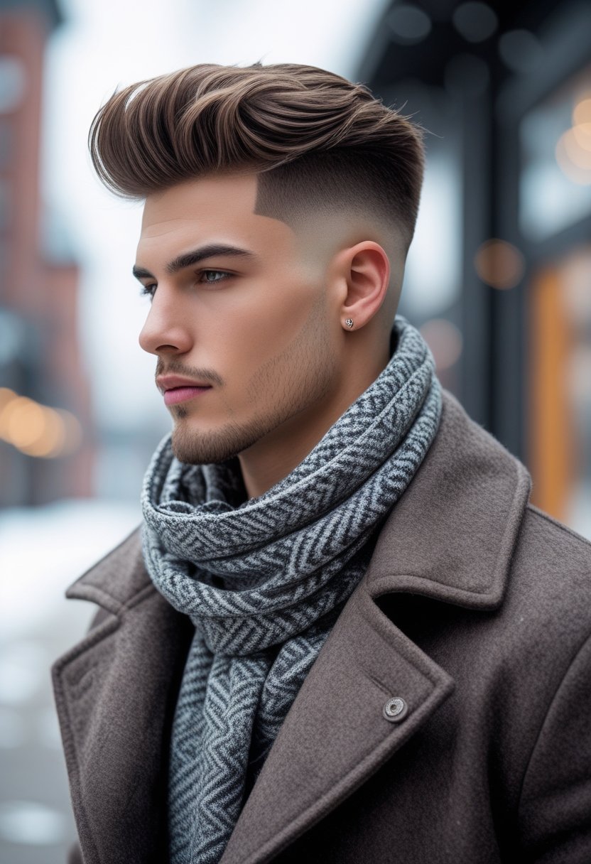 A young man with a clean fade haircut wearing winter clothing outdoors in a snowy urban setting.