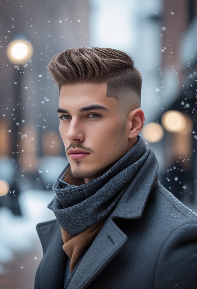 A young man with a clean fade haircut and textured top hair, wearing a winter coat and scarf, standing outdoors with light snow falling.