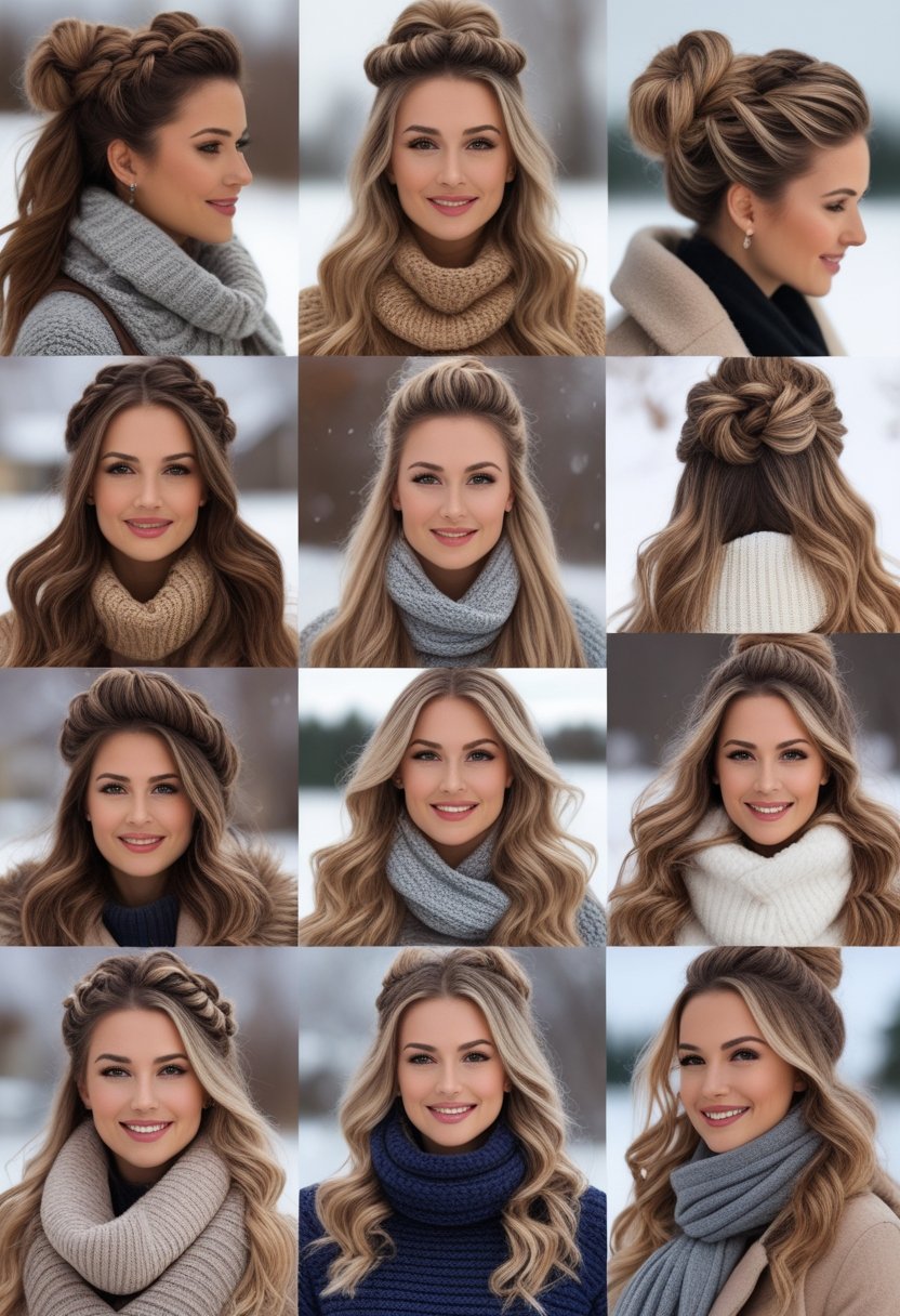 A group of women outdoors in winter clothing, each with a different hairstyle suitable for cold weather.