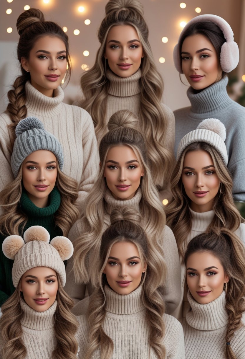 A group of women with various winter hairstyles wearing warm clothing in a softly lit indoor setting.