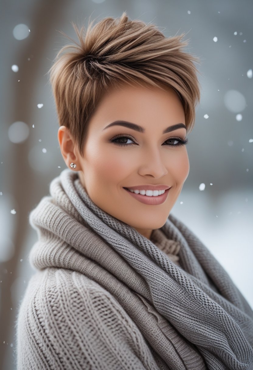 A woman with a short haircut wearing warm winter clothing, smiling gently against a soft winter background.