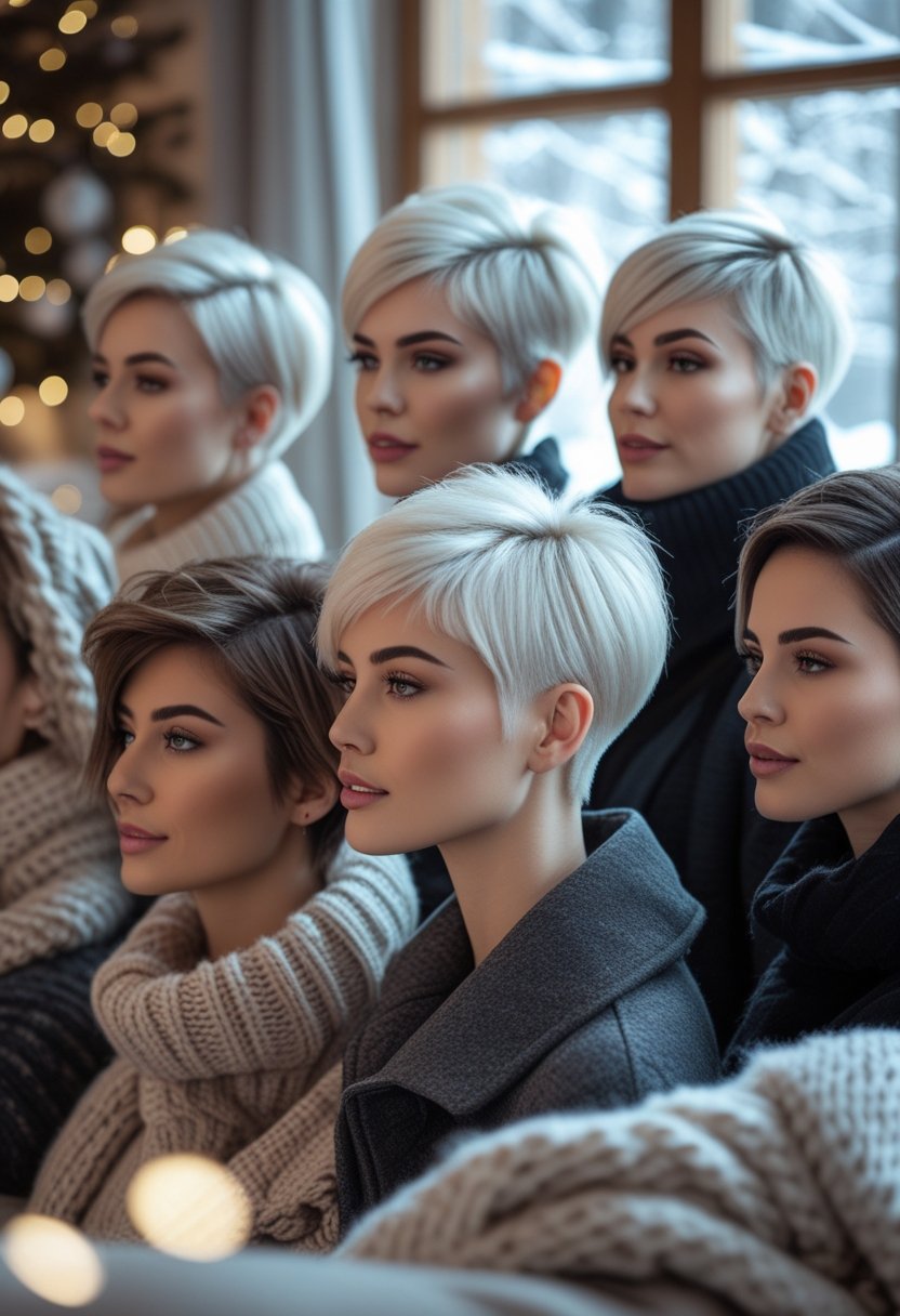 A group of women with short platinum and blonde hairstyles in a cozy winter setting wearing warm clothing.