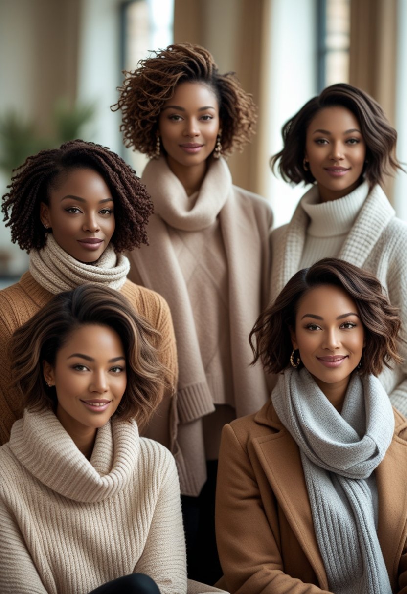 A group of women with short and medium-length hair wearing winter clothing in a softly lit indoor setting.