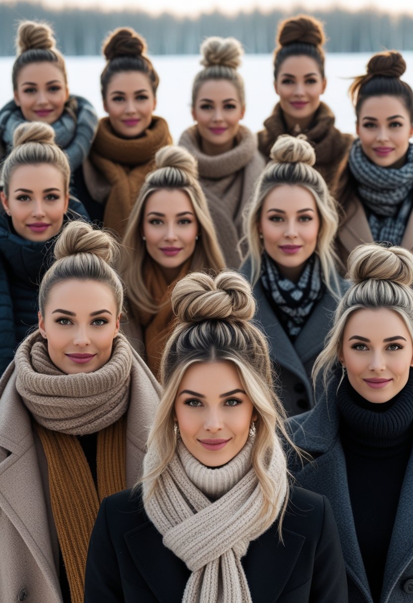 A group of women outdoors in winter clothing with various winter hairstyles, standing in a snowy landscape.
