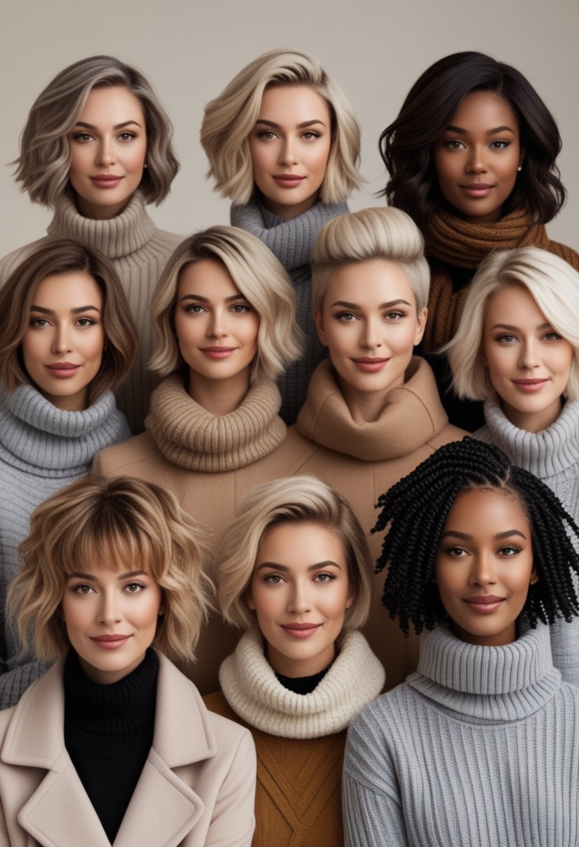 A group of women of different ages and face shapes wearing winter clothes, each with a different modern hairstyle.