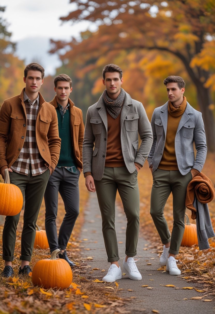 Several men wearing layered fall clothing standing outdoors with autumn leaves in the background.