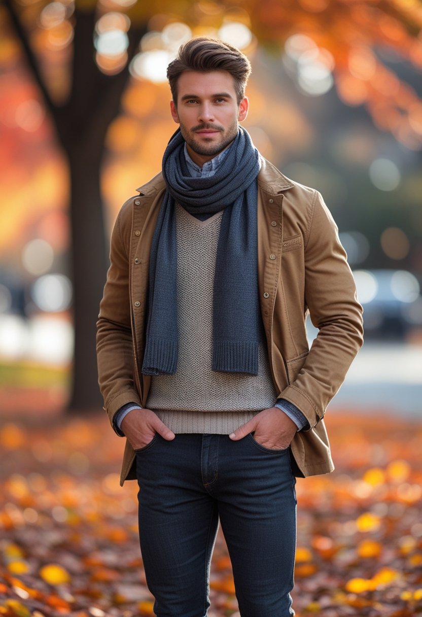 A man standing outdoors surrounded by autumn leaves, wearing layered fall clothing.
