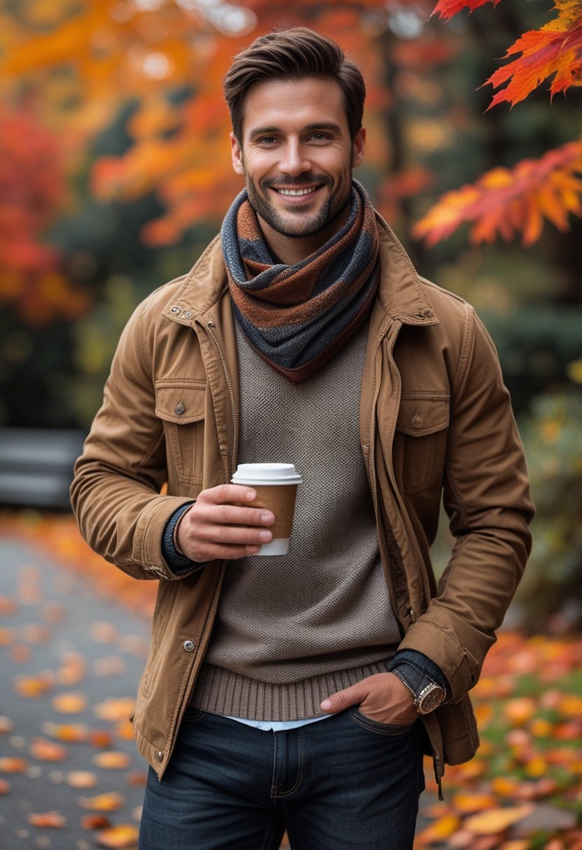 A man standing outdoors surrounded by colorful autumn leaves, wearing layered fall clothing and holding a coffee cup.