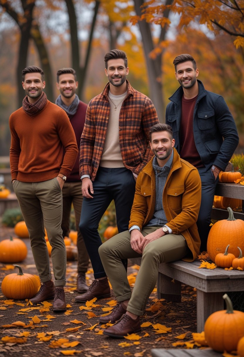 Men wearing layered fall outfits in warm autumn colors posing outdoors surrounded by fallen leaves and seasonal decorations.