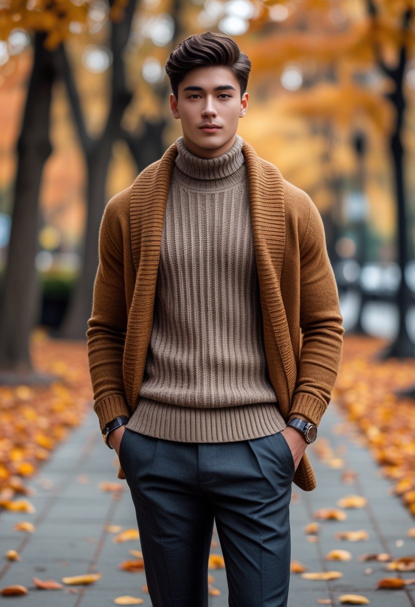 A young man standing outdoors on a tree-lined path with autumn leaves falling around him, wearing layered fall clothing including a sweater and turtleneck.