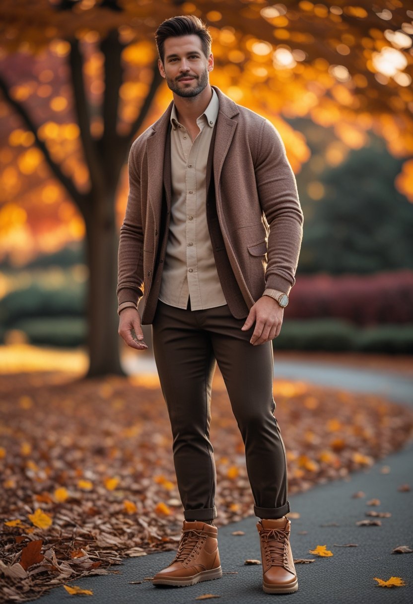 Man standing outdoors wearing fall layered clothing and stylish boots with autumn leaves in the background.