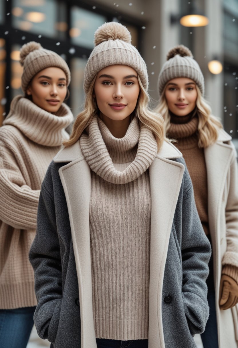 A group of people wearing cozy sweaters and winter coats outdoors with light snowfall.
