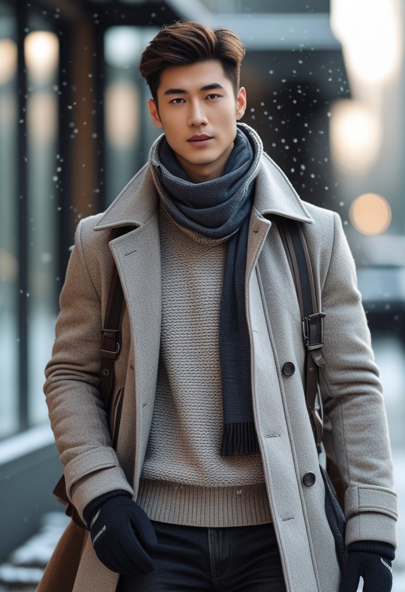 A young adult wearing layered winter clothing standing outdoors in an urban environment with light snow.