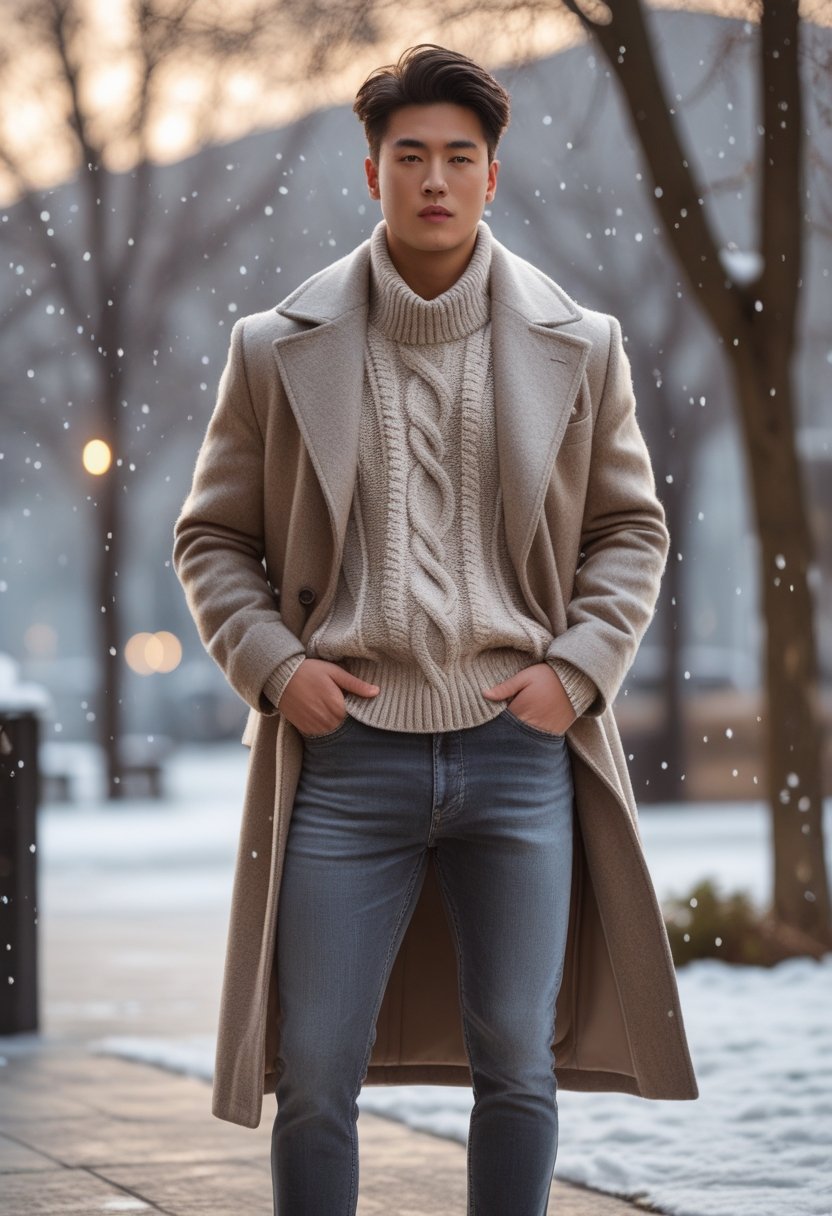 A person standing outdoors in winter wearing a cozy sweater and a wool coat with snow on the ground.