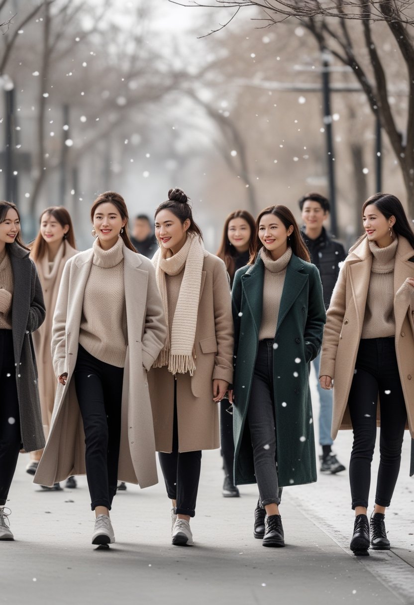 A group of people wearing layered winter clothes standing and walking outdoors in a city during winter.