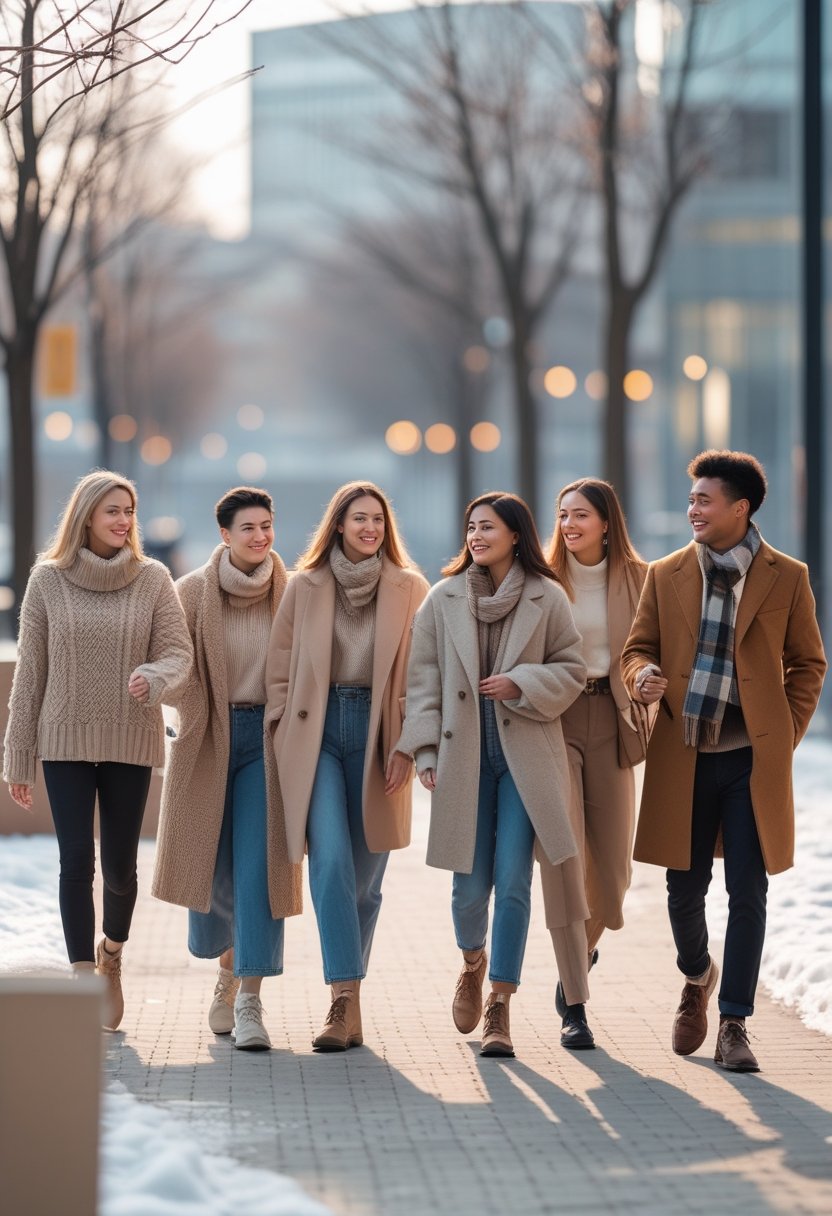 A group of people wearing winter clothes walking outdoors in a city during winter.