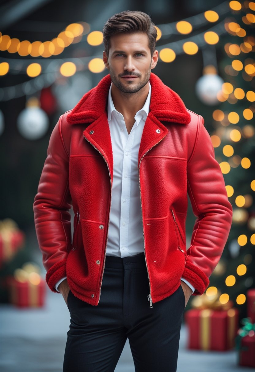 A man wearing a bold red shearling jacket stands in front of a softly lit festive background with holiday lights.