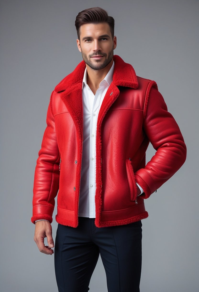 A man wearing a red shearling jacket, dark pants, and a white shirt, standing against a plain background.