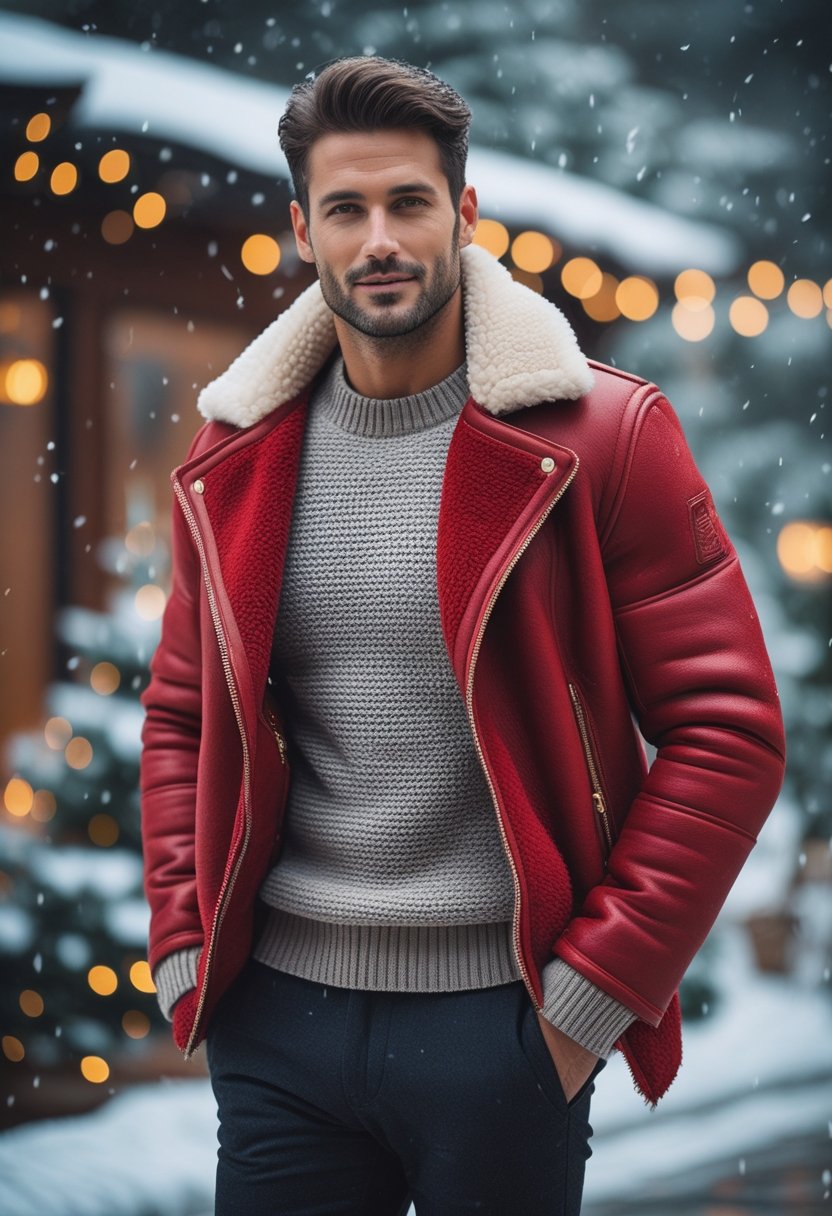 A man wearing a red shearling jacket and knit sweater stands outdoors in a snowy winter setting with blurred festive lights in the background.