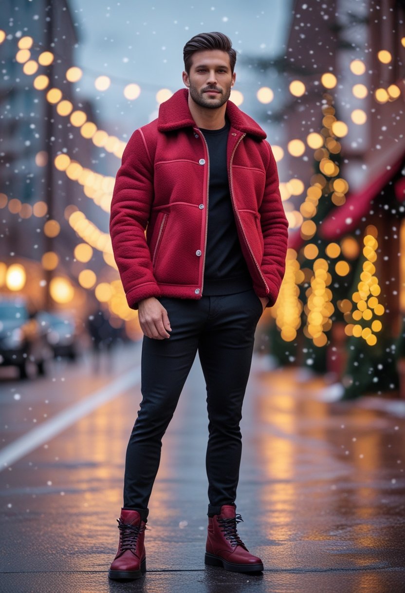 A man standing on a city street wearing a red shearling jacket and stylish shoes with holiday decorations in the background.