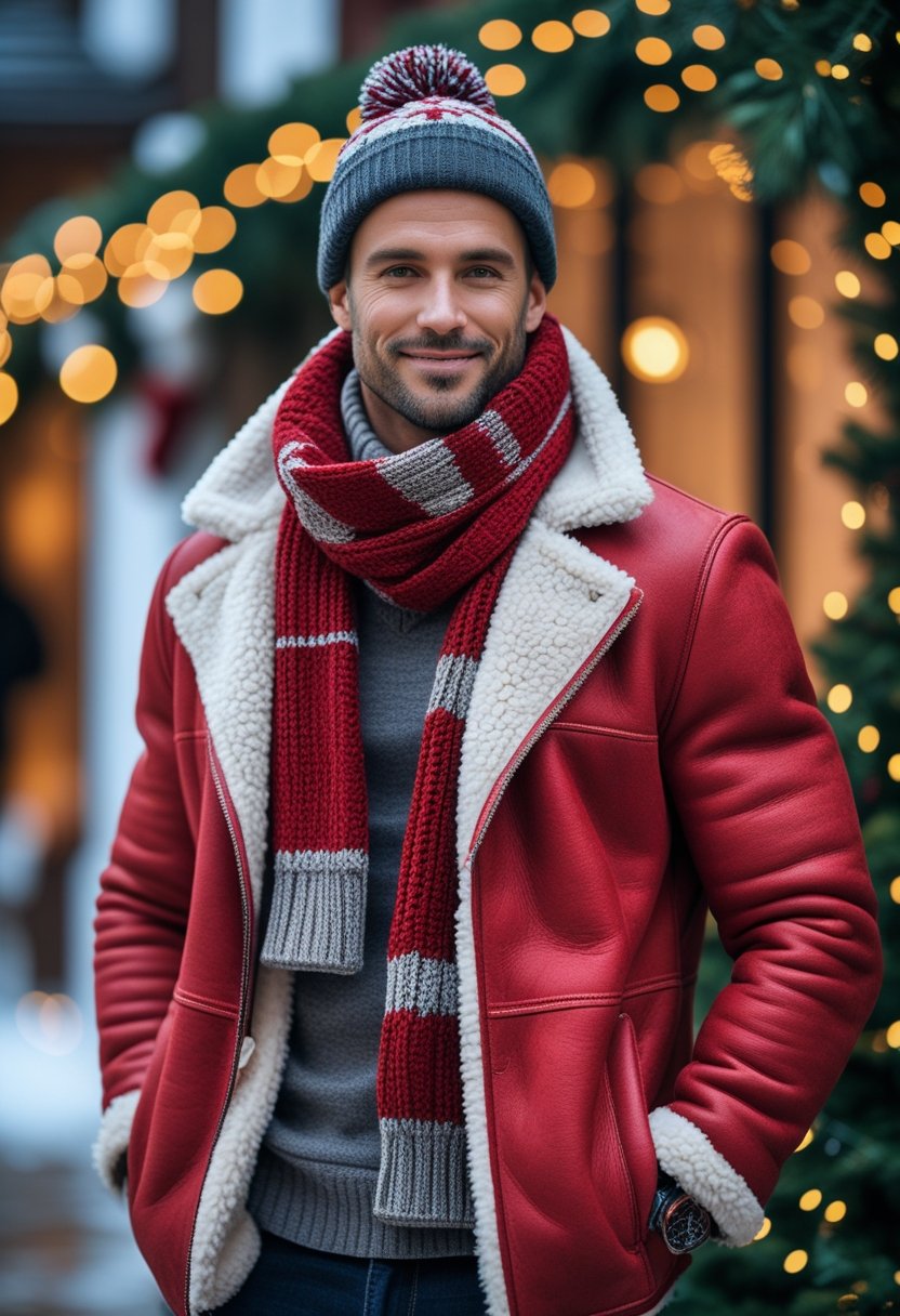 A man wearing a red shearling jacket and winter accessories standing outdoors with holiday decorations in the background.