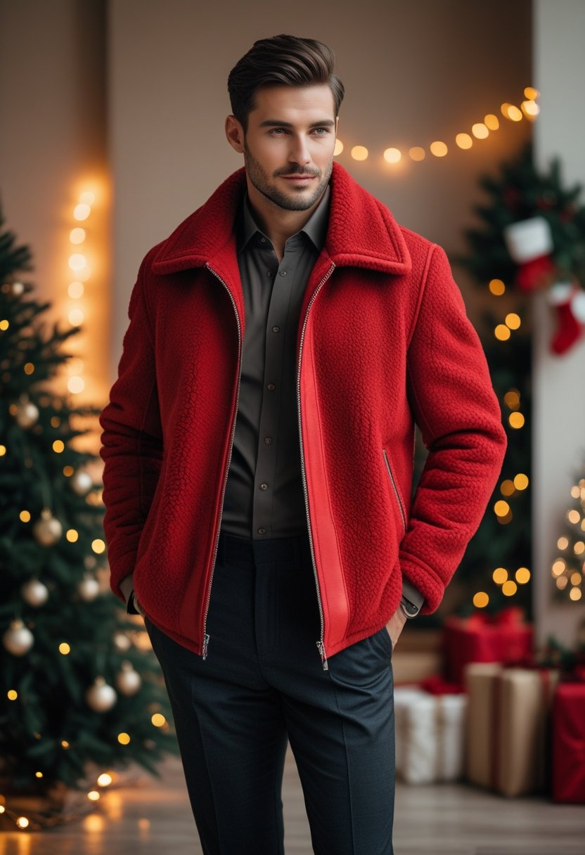 A man wearing a red shearling jacket stands indoors surrounded by Christmas decorations and warm lighting.