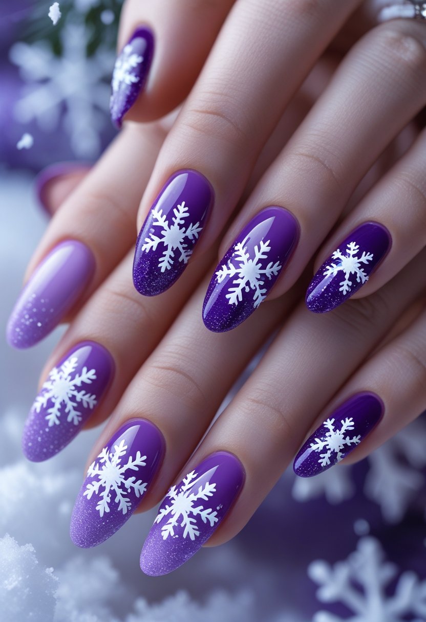 Close-up of hands with purple ombré nails decorated with white snowflake designs.