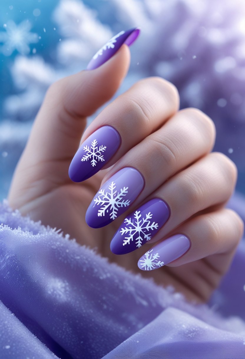 Close-up of a woman's hand with purple ombré nails decorated with white snowflake designs.