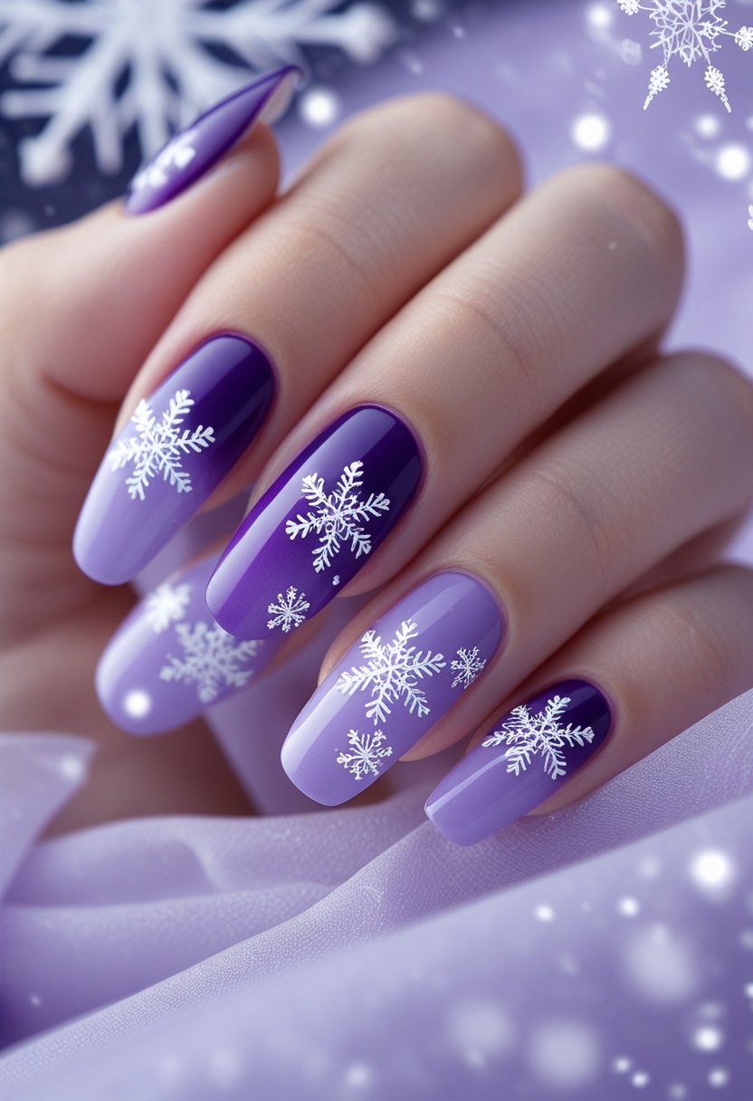 Close-up of a hand with purple gradient nails decorated with white snowflake designs.